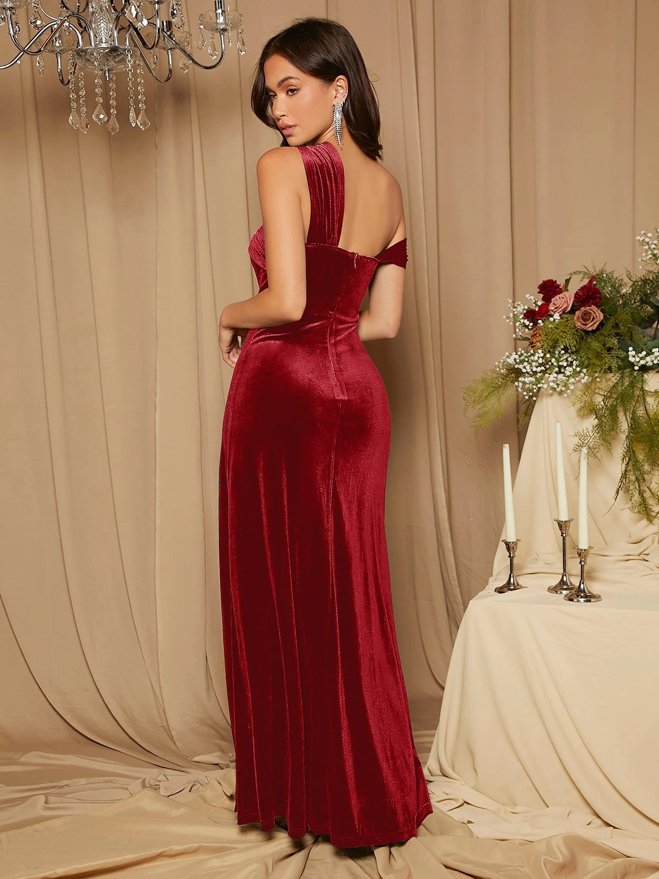 Belle Asymmetrical Shoulder Split Thigh Velvet Bridesmaid Dress Elegant Dress - image 19