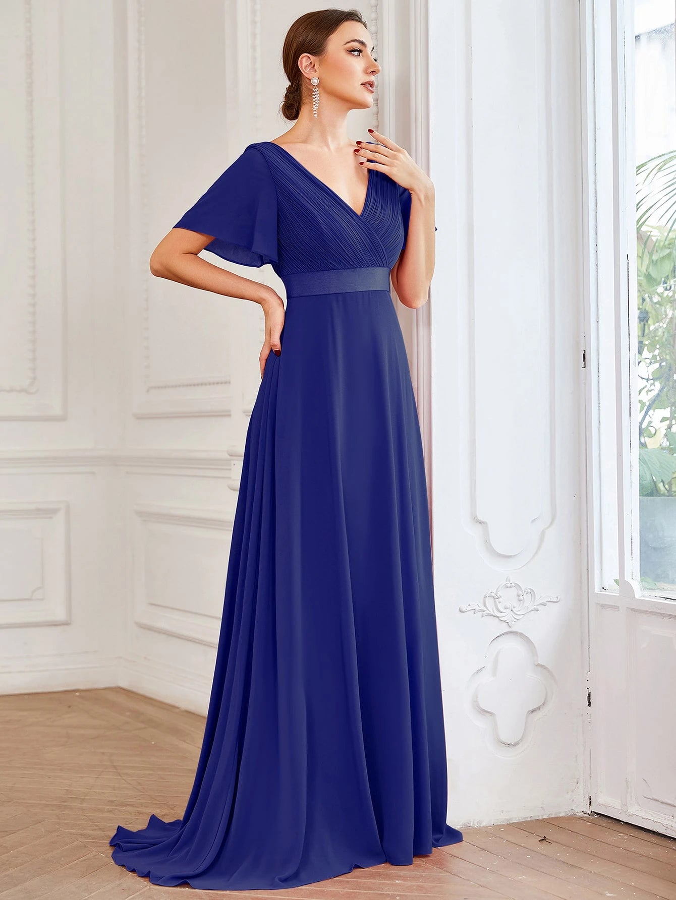 EVERPRETTY Elegant V-Neck Ruffle Butterfly Sleeve Pink Bridesmaid Dress, Wedding Guest Dress, Spring