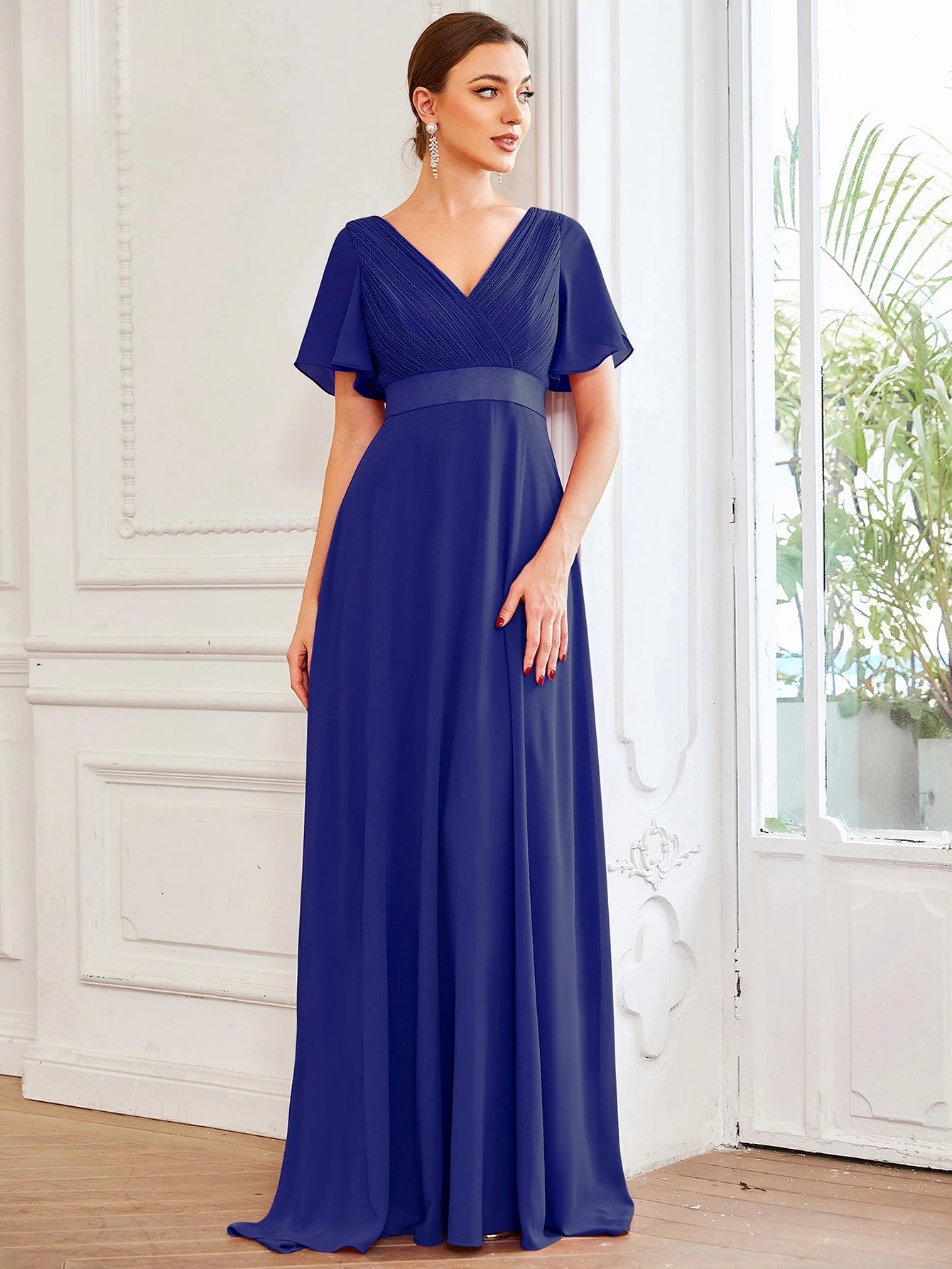 EVERPRETTY Elegant V-Neck Ruffle Butterfly Sleeve Pink Bridesmaid Dress, Wedding Guest Dress, Spring - image 3