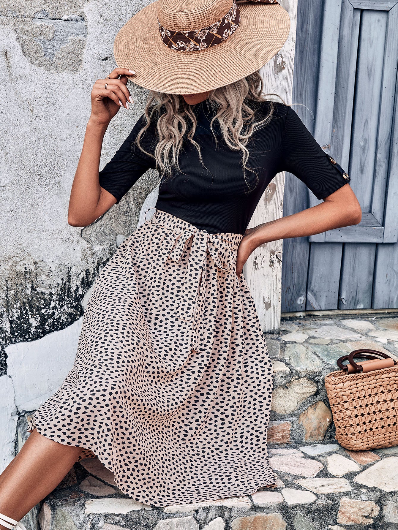 Clasi Dalmatian Print Belted A-Line Dress Maxi Women Outfit