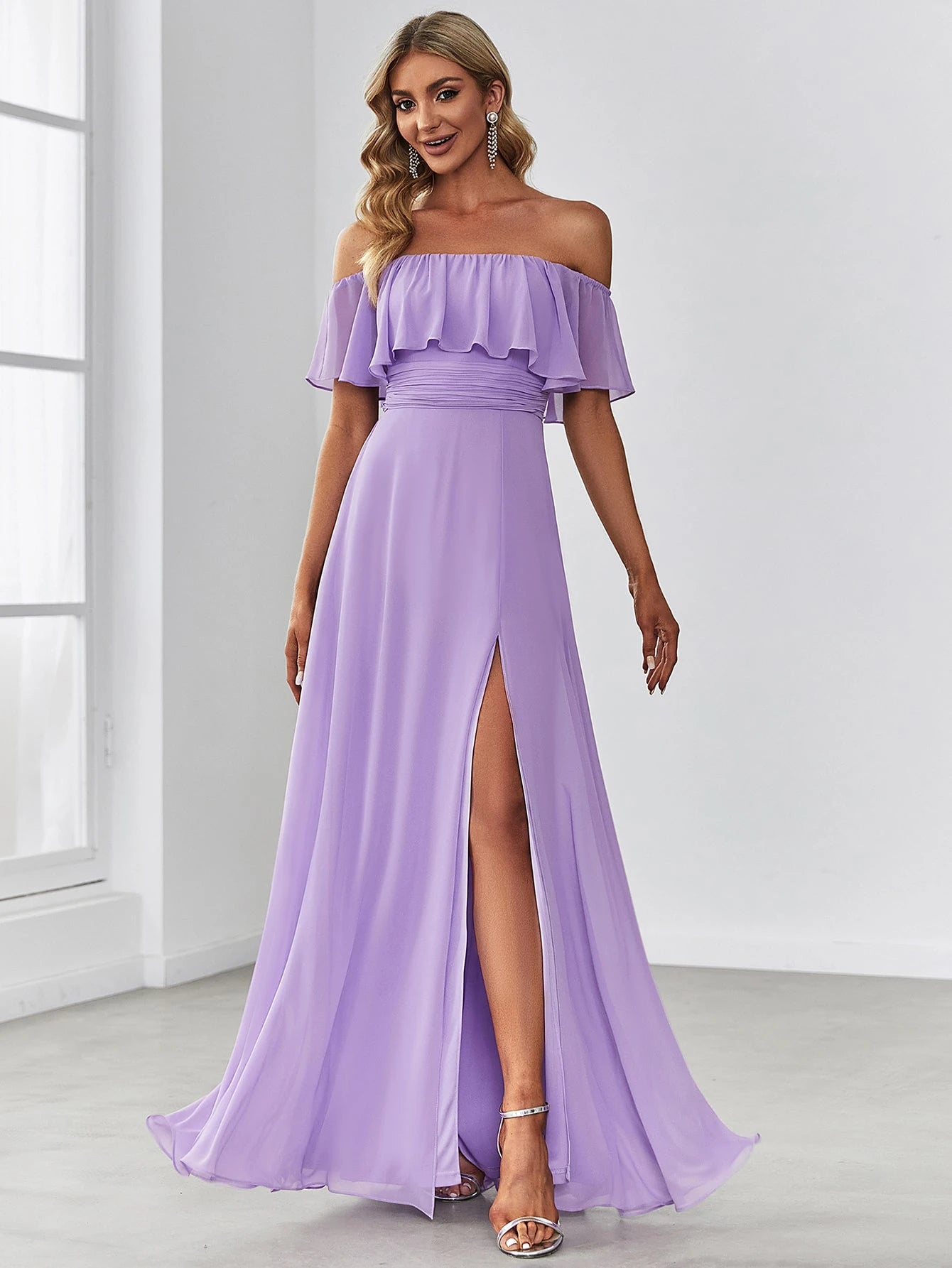 EVERPRETTY Open Shoulder Ruffle Sleeve Side Slit A-Line Chiffon