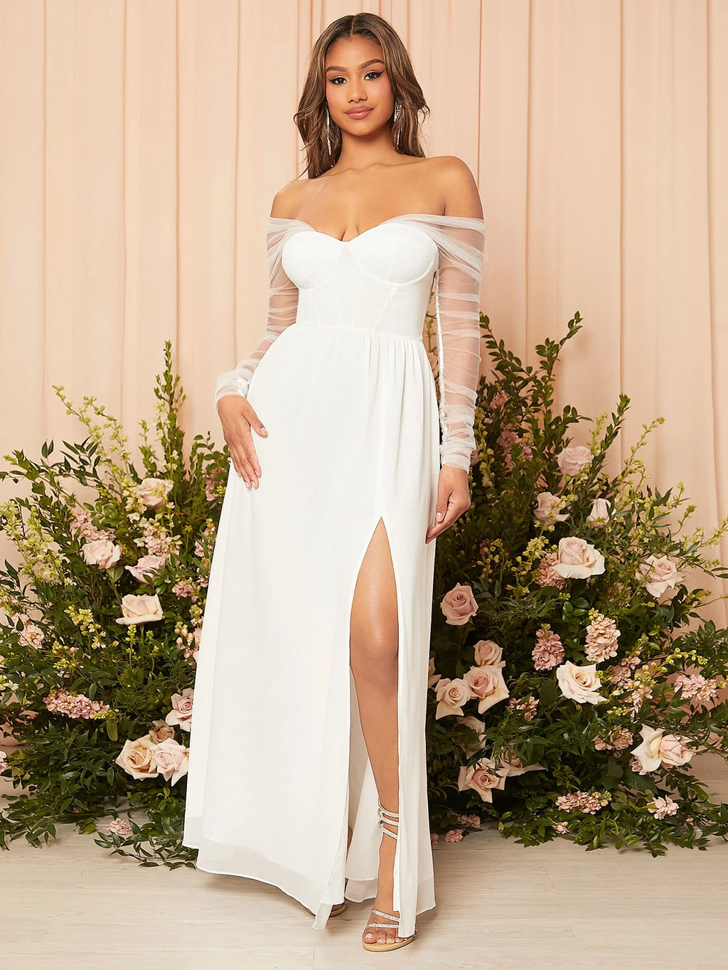 Belle Contrast Mesh Split Thigh Bustier Chiffon Wedding Dress White Elegant Long Sleeve Bridal Dress, Bridal