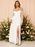 Belle Contrast Mesh Split Thigh Bustier Chiffon Wedding Dress White Elegant Long Sleeve Bridal Dress, Bridal