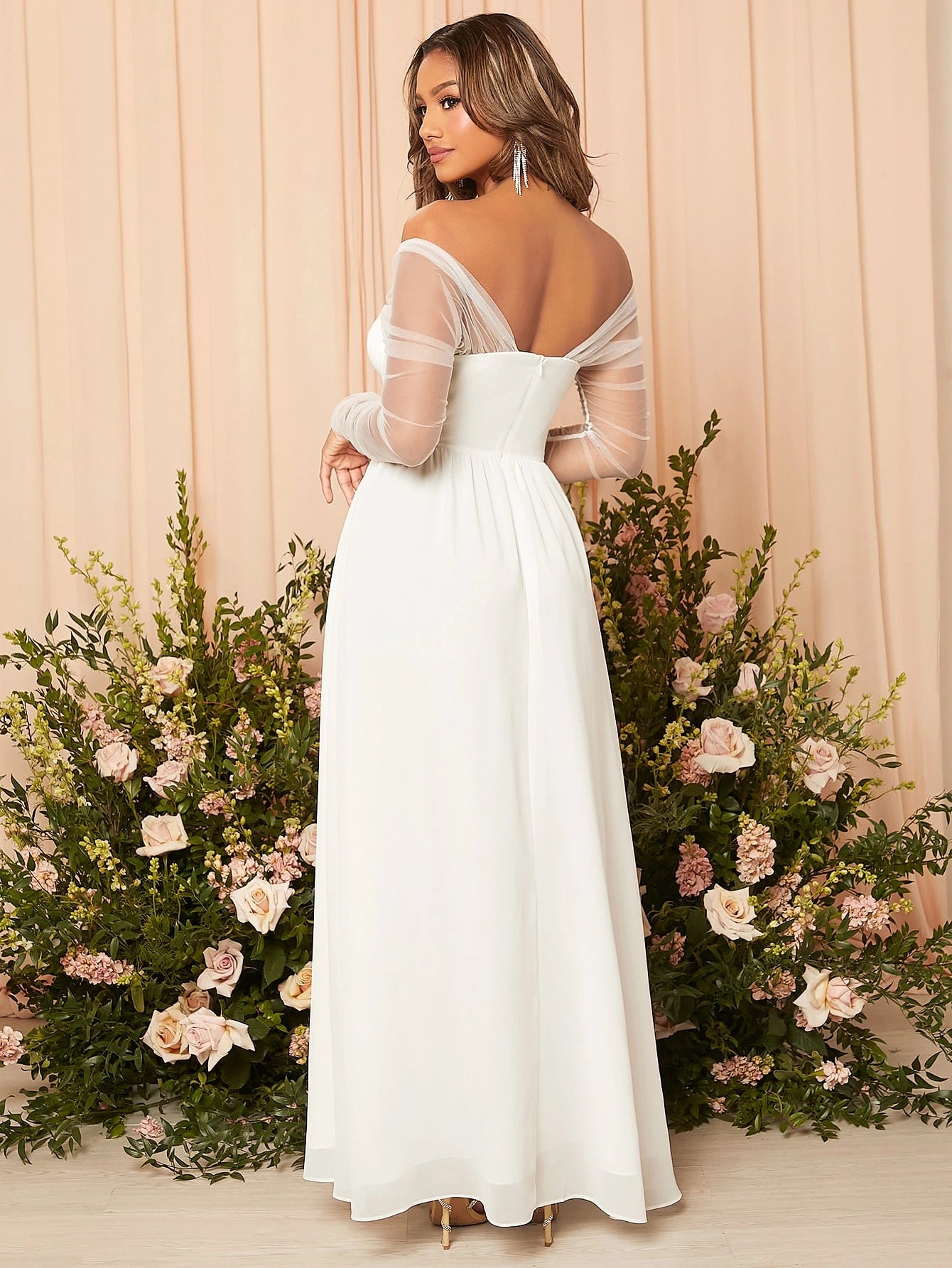 Belle Contrast Mesh Split Thigh Bustier Chiffon Wedding Dress White Elegant Long Sleeve Bridal Dress, Bridal - image 2