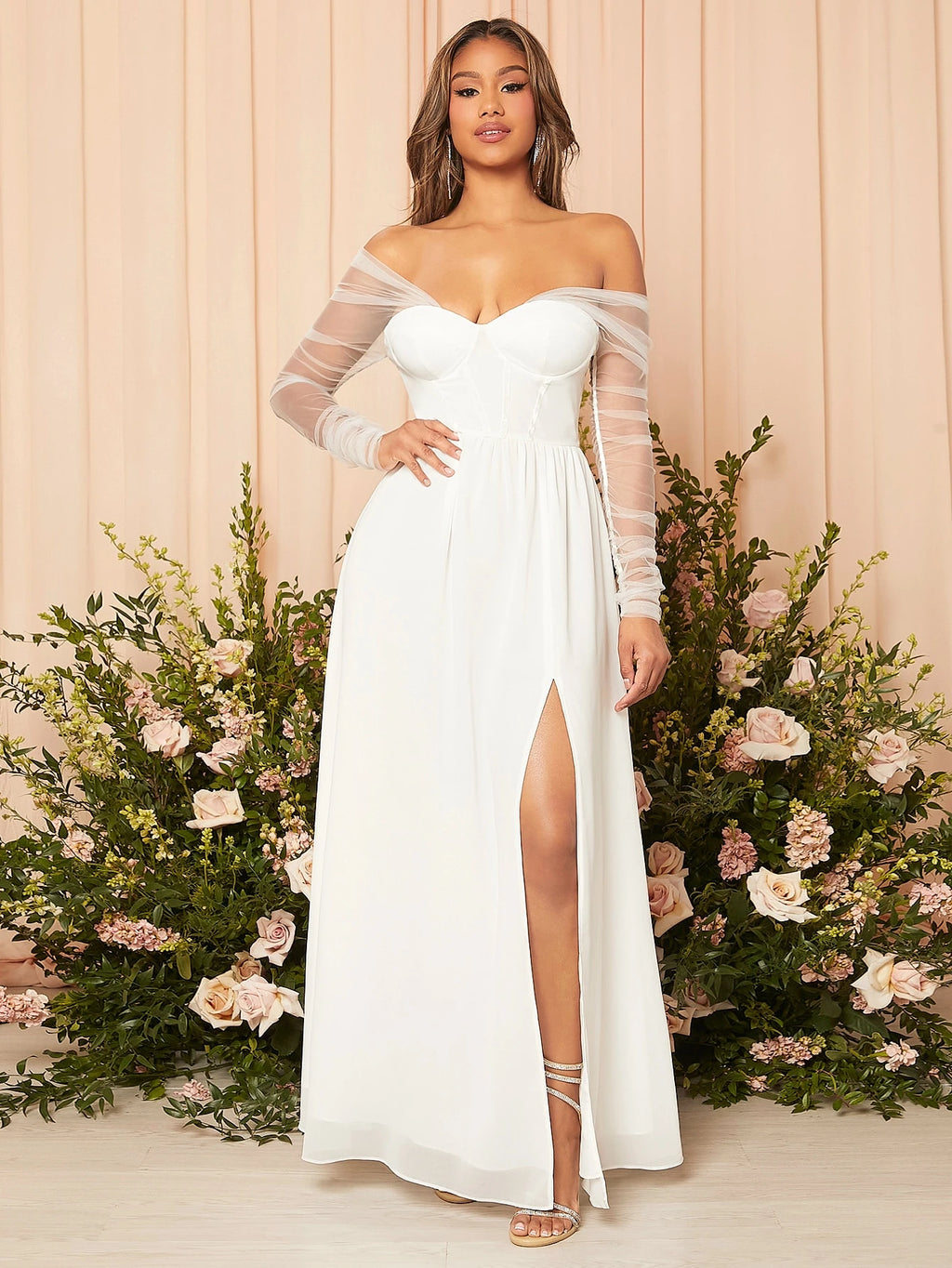 Belle Contrast Mesh Split Thigh Bustier Chiffon Wedding Dress White Elegant Long Sleeve Bridal Dress, Bridal - image 4