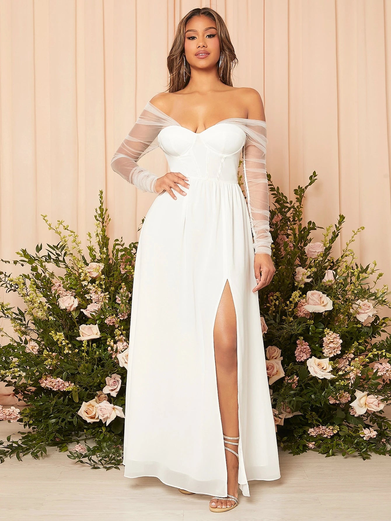 Belle Contrast Mesh Split Thigh Bustier Chiffon Wedding Dress White Elegant Long Sleeve Bridal Dress, Bridal - image 4