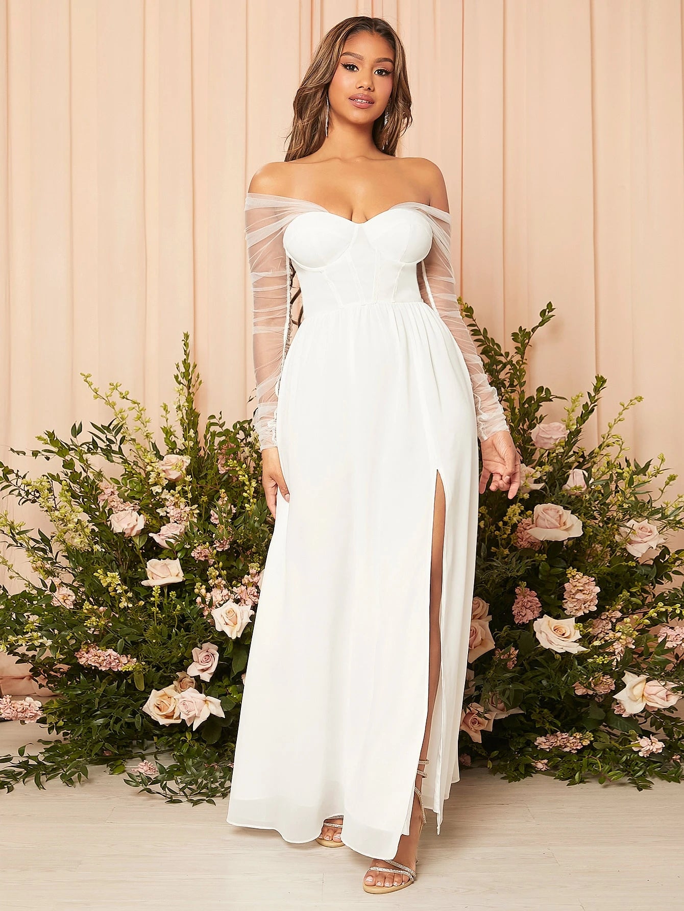 Belle Contrast Mesh Split Thigh Bustier Chiffon Wedding Dress White Elegant Long Sleeve Bridal Dress, Bridal - image 5