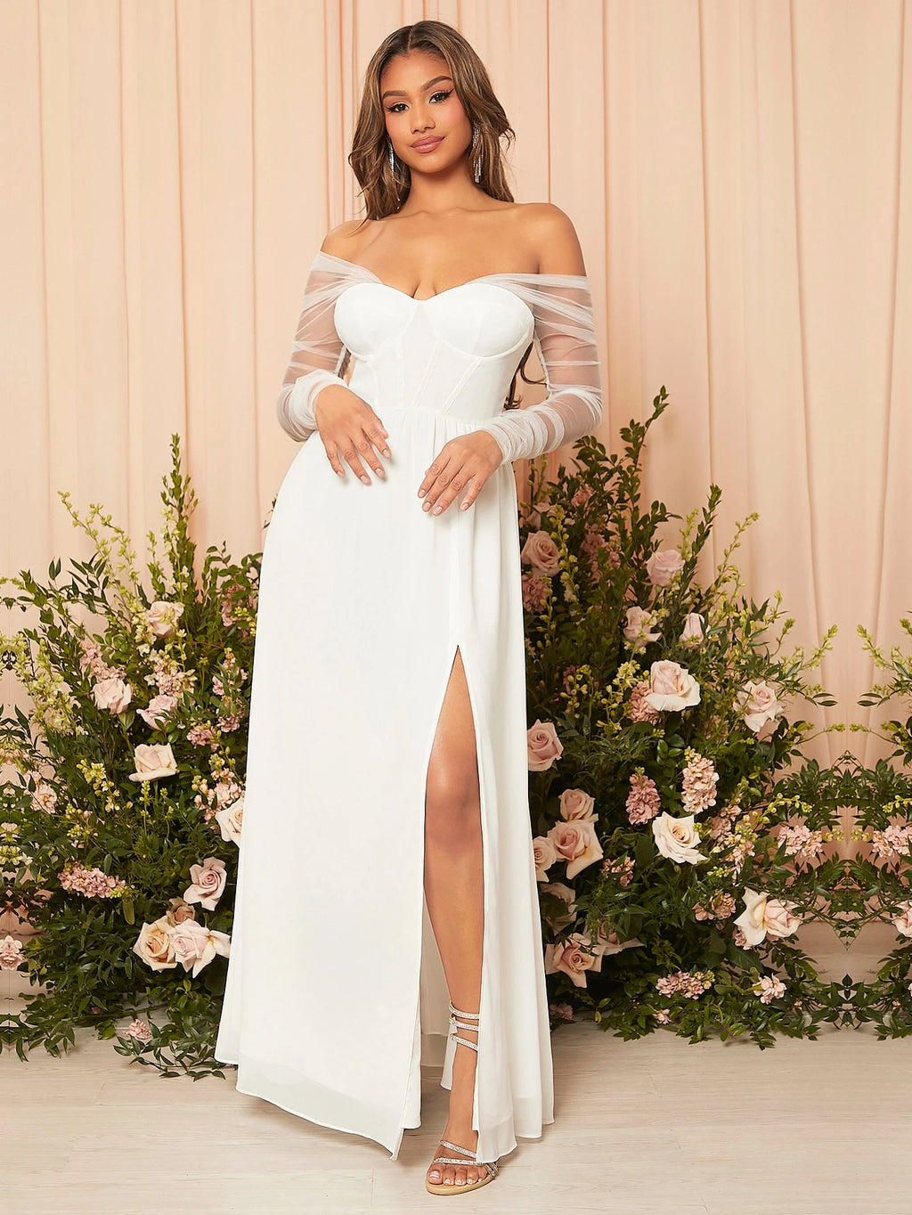 Belle Contrast Mesh Split Thigh Bustier Chiffon Wedding Dress White Elegant Long Sleeve Bridal Dress, Bridal - image 7