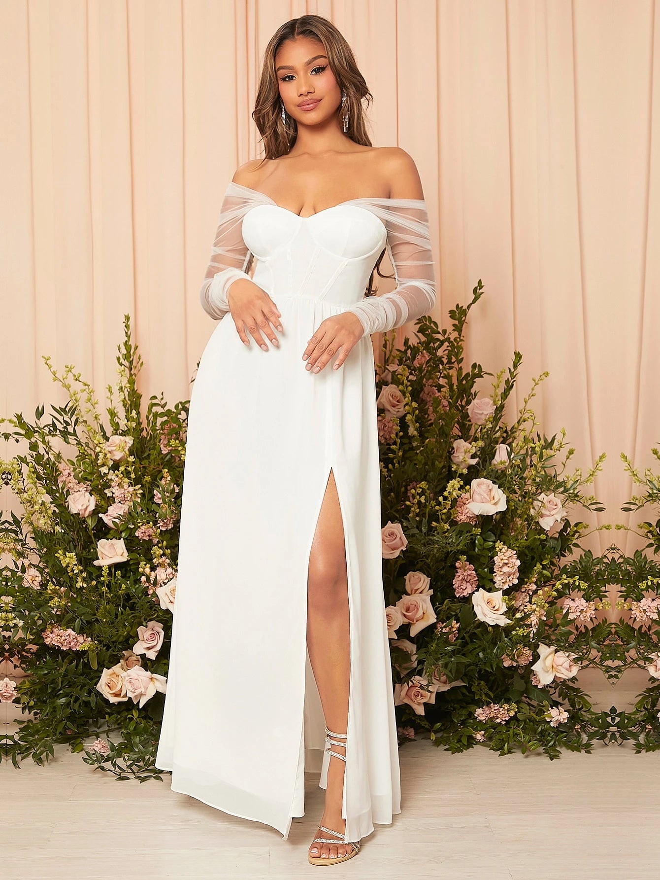 Belle Contrast Mesh Split Thigh Bustier Chiffon Wedding Dress White Elegant Long Sleeve Bridal Dress, Bridal - image 7