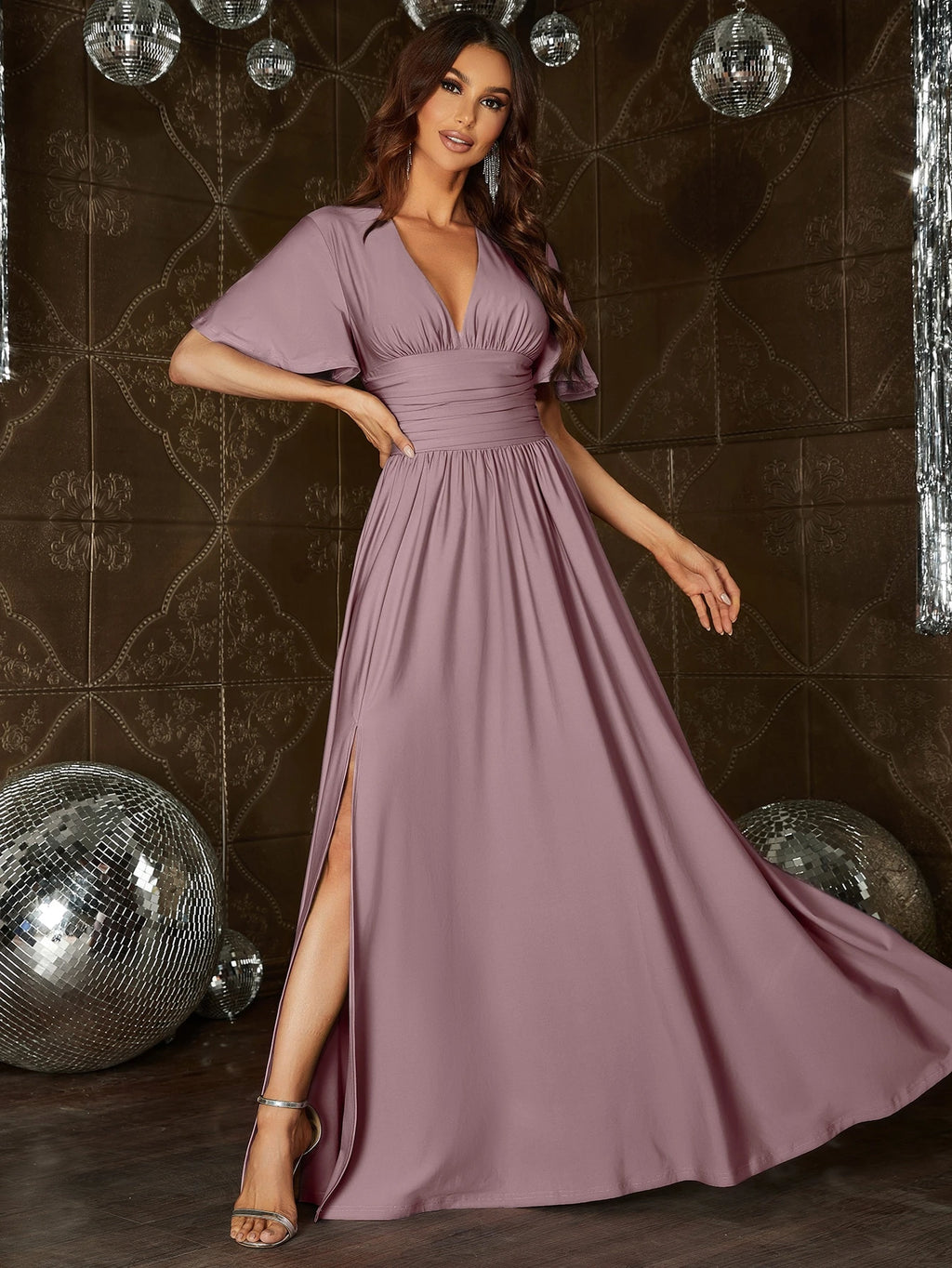 Faeriesty Elegant V-Neck Dress With Flowing Sleeves, Cinched Waist And High Slit - Suitable For Formal Summer