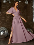 Faeriesty Elegant V-Neck Dress With Flowing Sleeves, Cinched Waist And High Slit - Suitable For Formal Summer