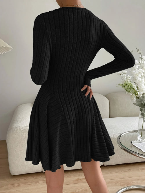 Essnce Valentine's Day Women's Solid Round Neck Ribbed Long Sleeve Mini Dress,Burgundy,Autumn,Elegant,Tea - image 2