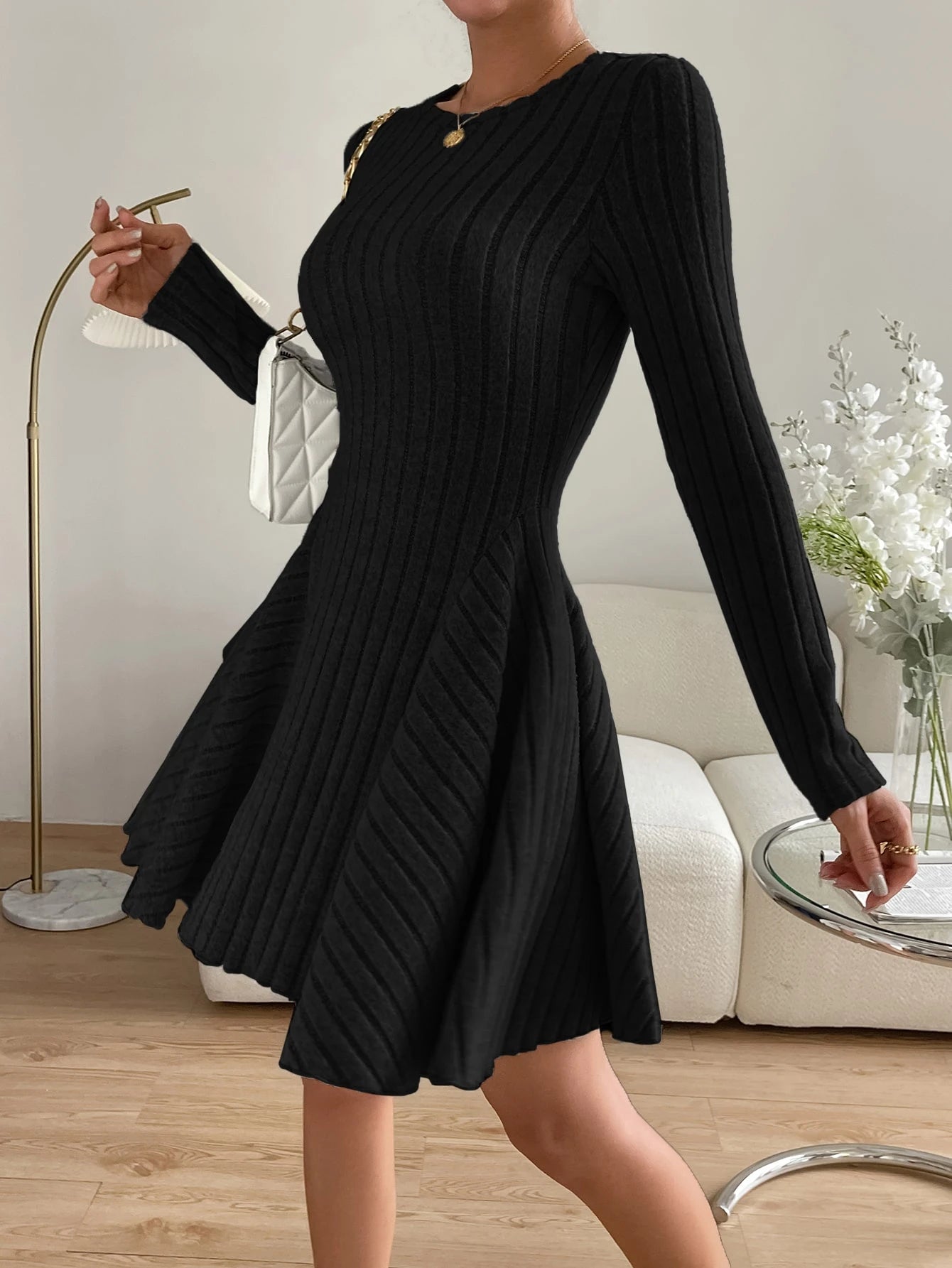Essnce Valentine's Day Women's Solid Round Neck Ribbed Long Sleeve Mini Dress,Burgundy,Autumn,Elegant,Tea - image 4