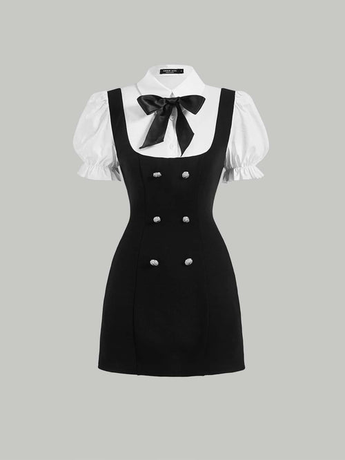 MOD Double Breasted Bow Front 2 In 1 Overall Dress
