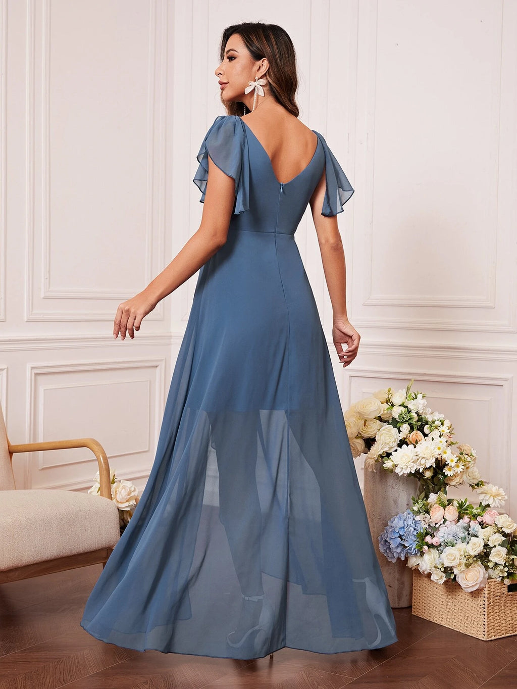 UNITHORSE Butterfly Sleeve Ruched Bust Ruffle Trim Wrap Hem Chiffon Bridesmaid Dress Elegant Dress Wedding - image 10