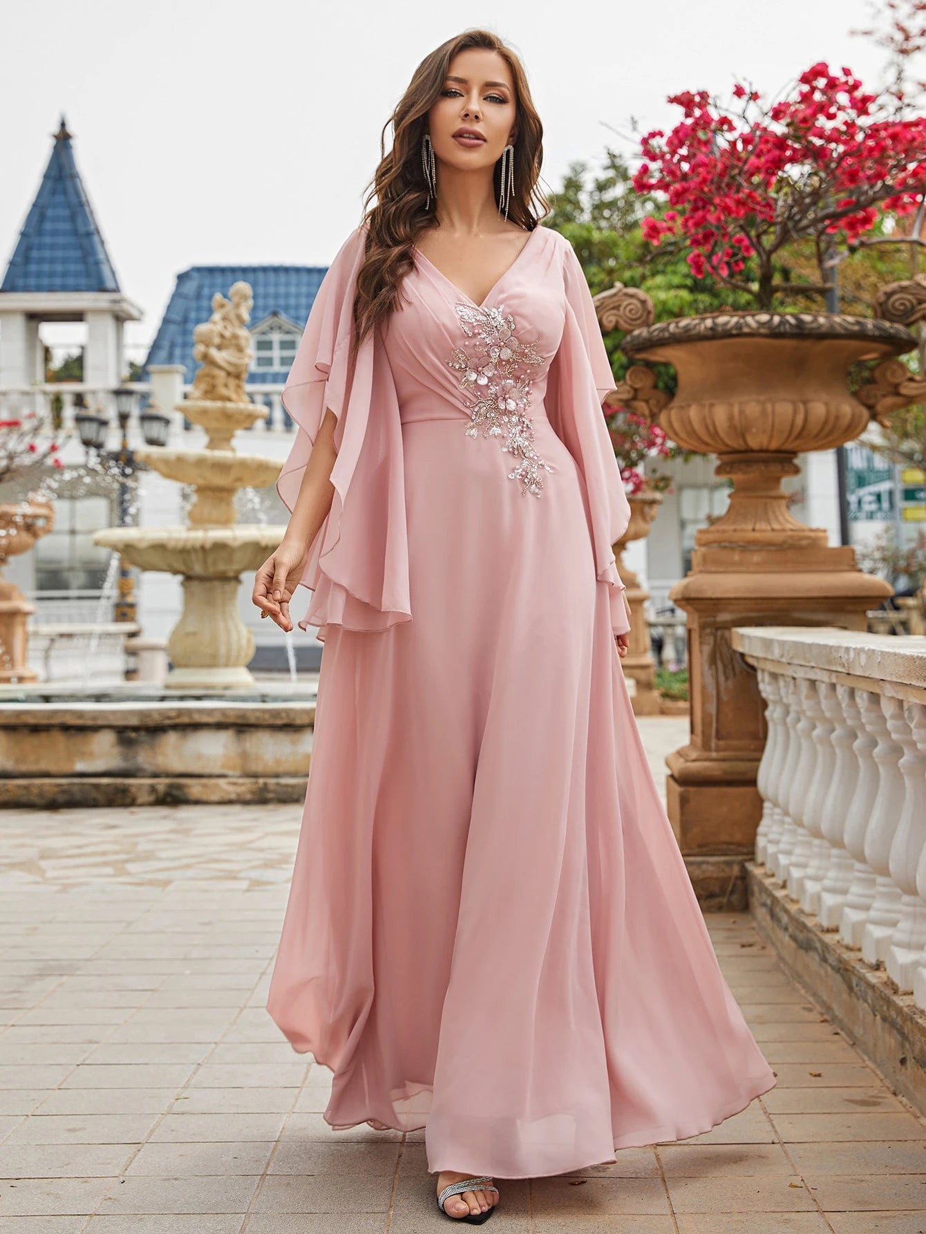 Faux Pearl Embellished Butterfly Sleeve Chiffon Bridesmaid Dress, Elegant Dress, Bridal Gown, Graduation