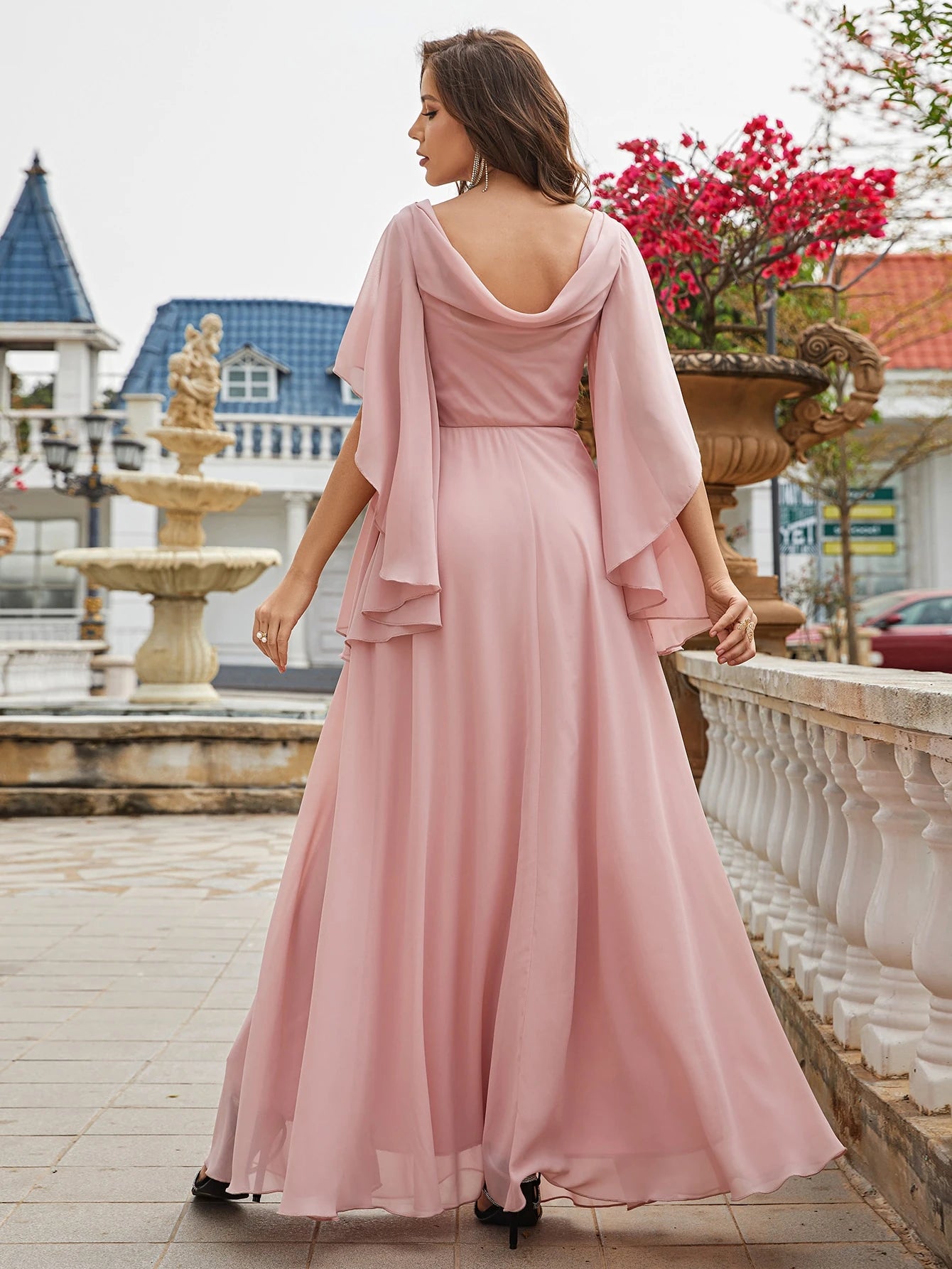 Faux Pearl Embellished Butterfly Sleeve Chiffon Bridesmaid Dress, Elegant Dress, Bridal Gown, Graduation - image 2