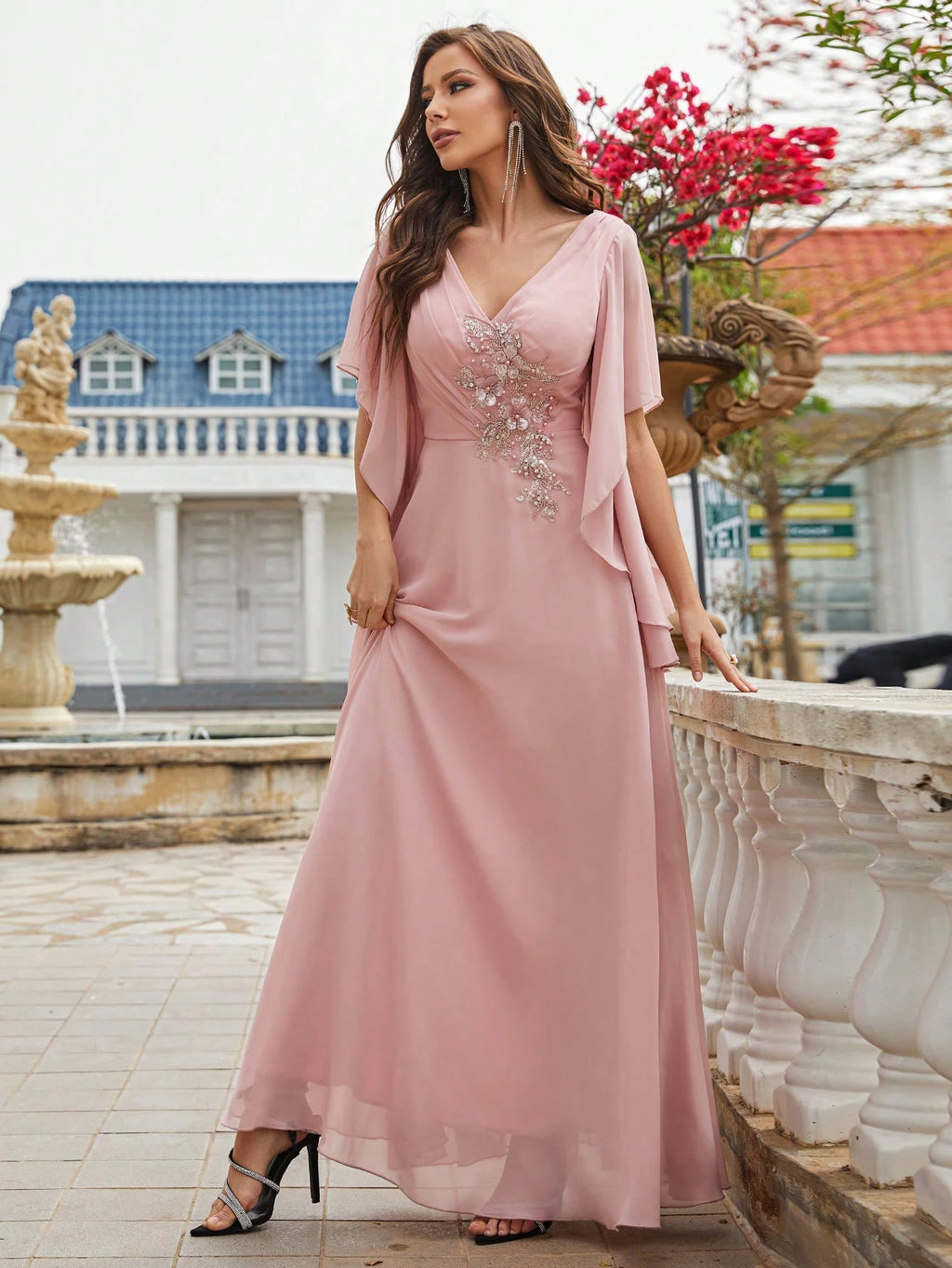Faux Pearl Embellished Butterfly Sleeve Chiffon Bridesmaid Dress, Elegant Dress, Bridal Gown, Graduation - image 3