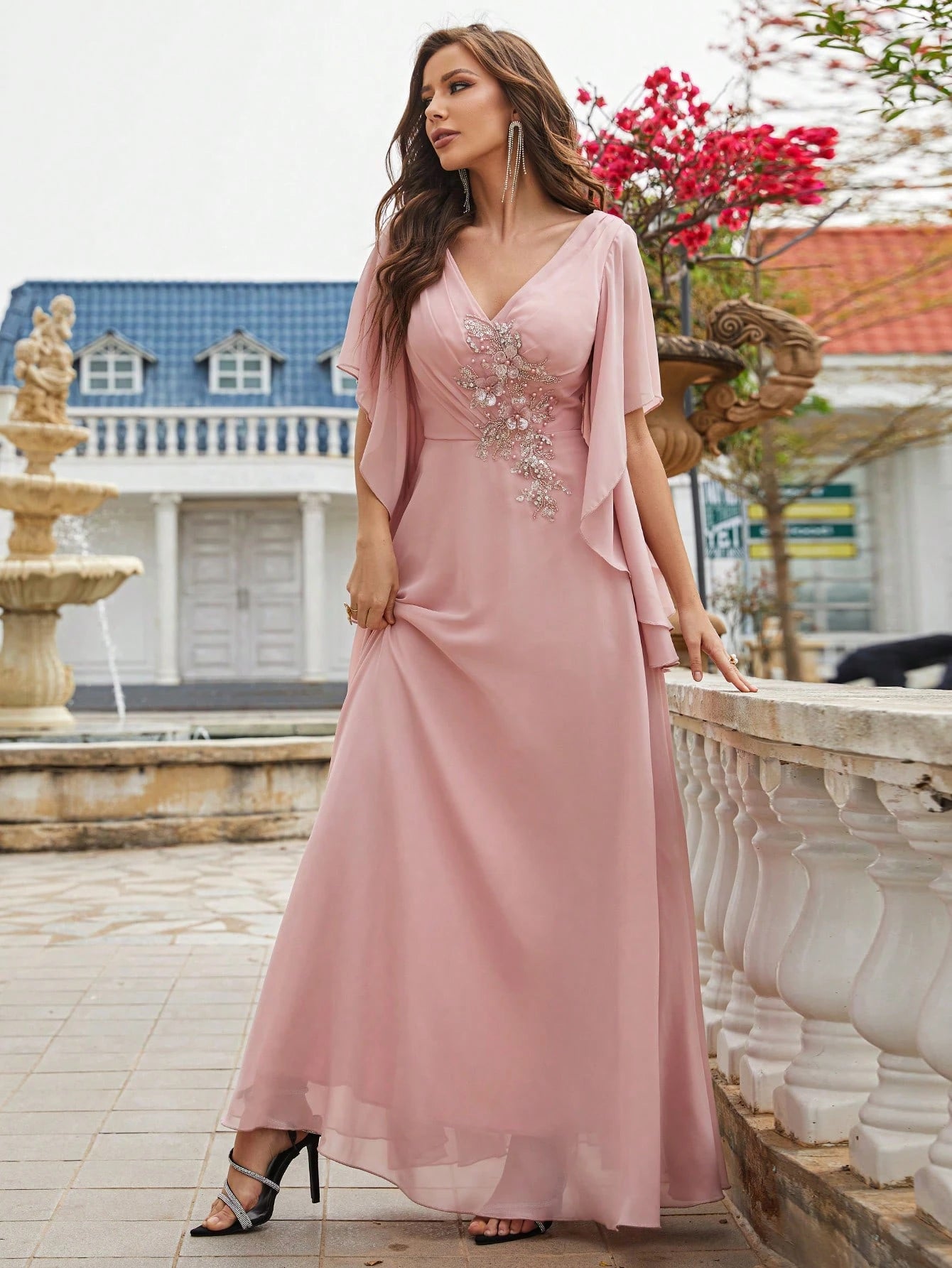 Faux Pearl Embellished Butterfly Sleeve Chiffon Bridesmaid Dress, Elegant Dress, Bridal Gown, Graduation - image 3