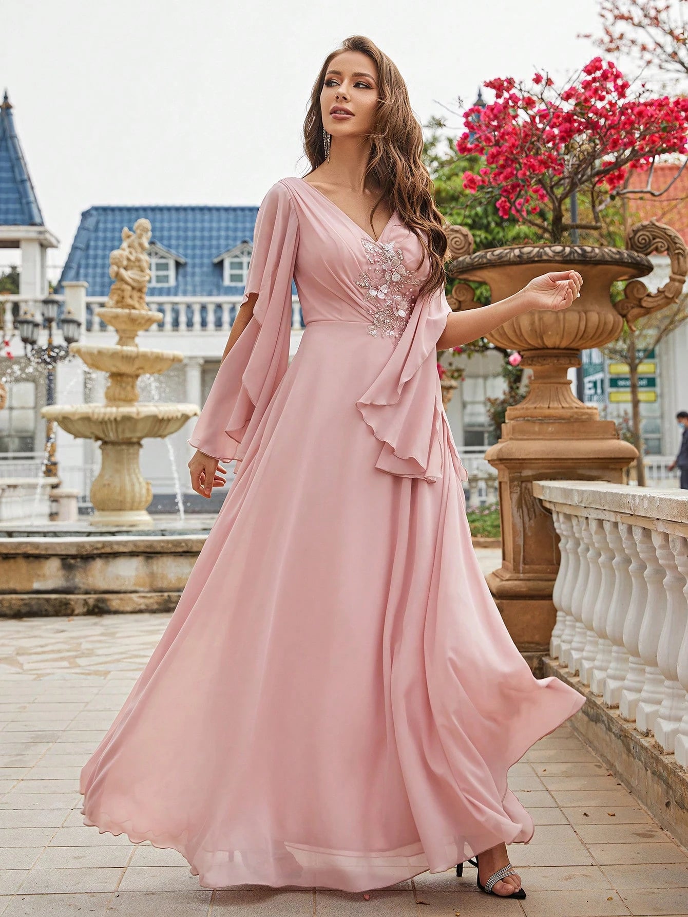 Faux Pearl Embellished Butterfly Sleeve Chiffon Bridesmaid Dress, Elegant Dress, Bridal Gown, Graduation - image 4