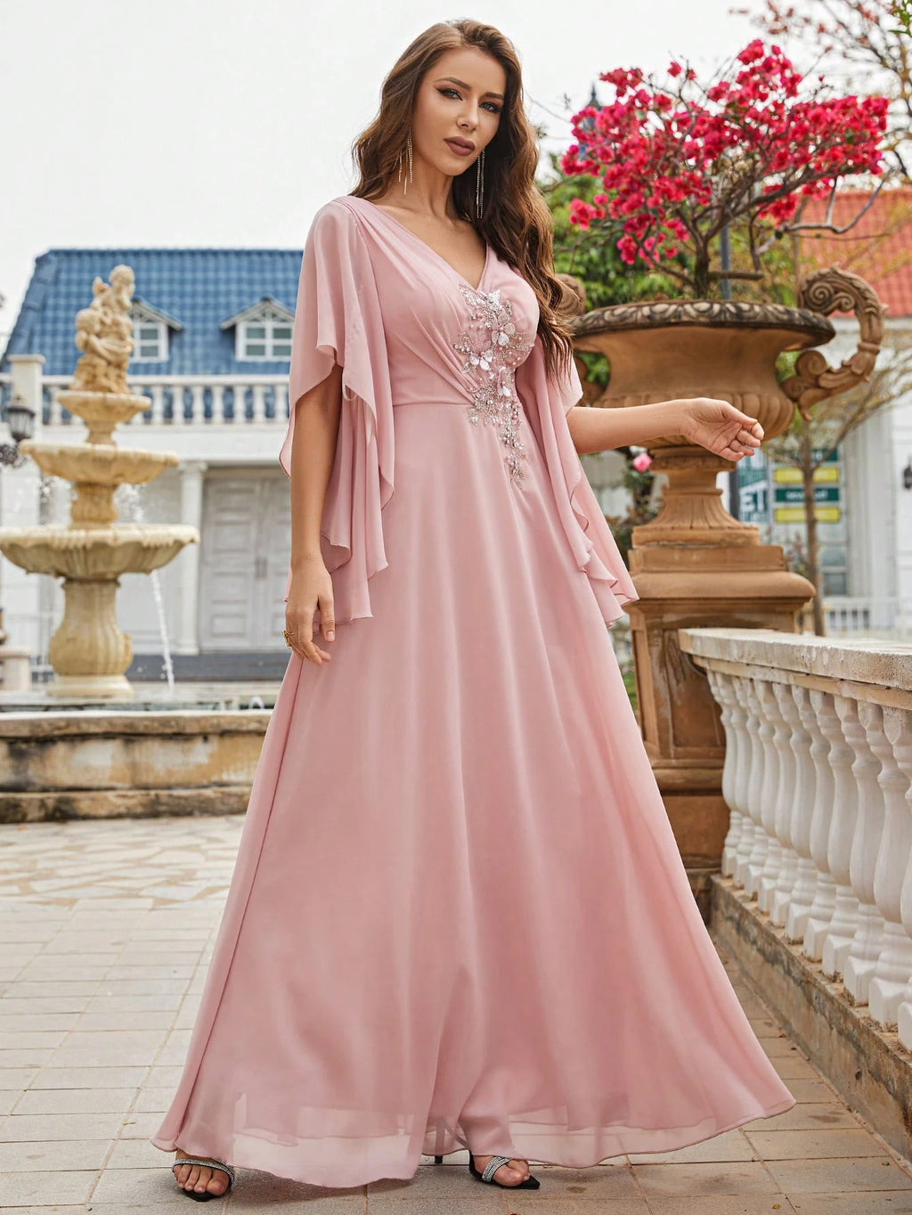 Faux Pearl Embellished Butterfly Sleeve Chiffon Bridesmaid Dress, Elegant Dress, Bridal Gown, Graduation - image 5