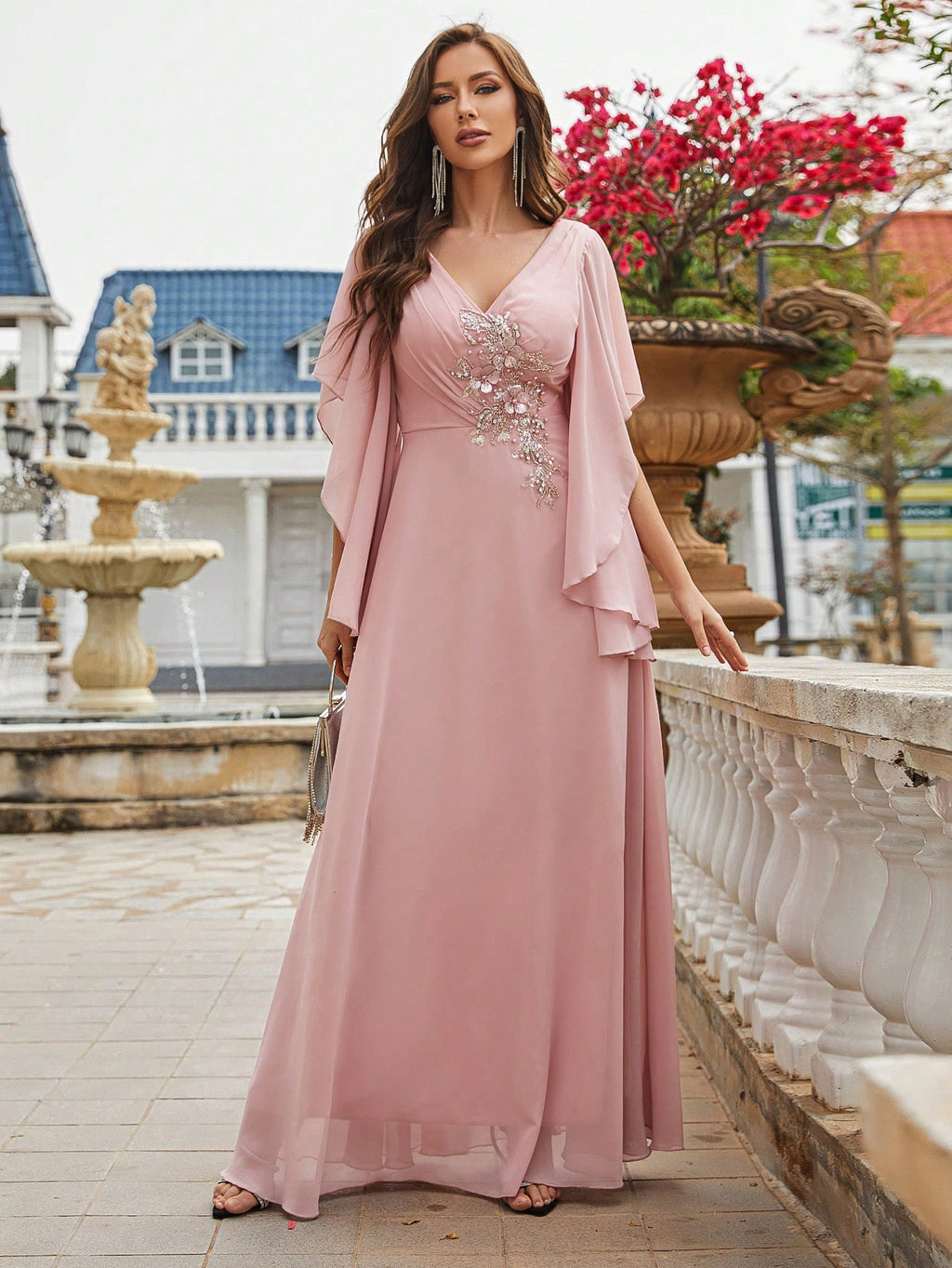 Faux Pearl Embellished Butterfly Sleeve Chiffon Bridesmaid Dress, Elegant Dress, Bridal Gown, Graduation - image 6
