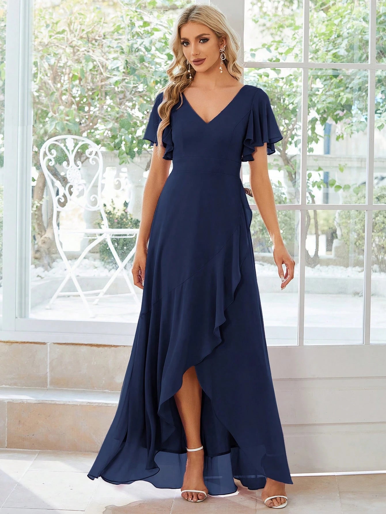 Butterfly Sleeve Ruffle Trim Wrap Hem Chiffon Bridesmaid Dress Elegant Dress - image 7