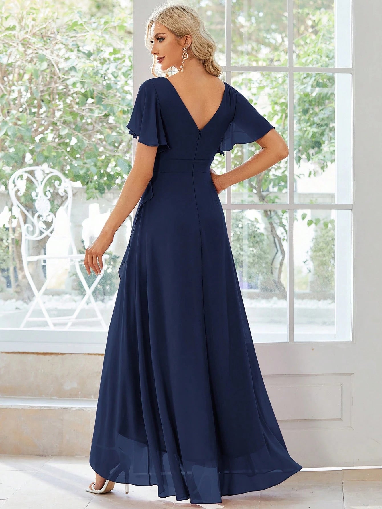 Butterfly Sleeve Ruffle Trim Wrap Hem Chiffon Bridesmaid Dress Elegant Dress - image 8