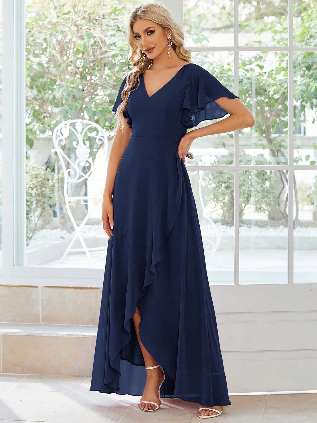 Butterfly Sleeve Ruffle Trim Wrap Hem Chiffon Bridesmaid Dress Elegant Dress - image 9