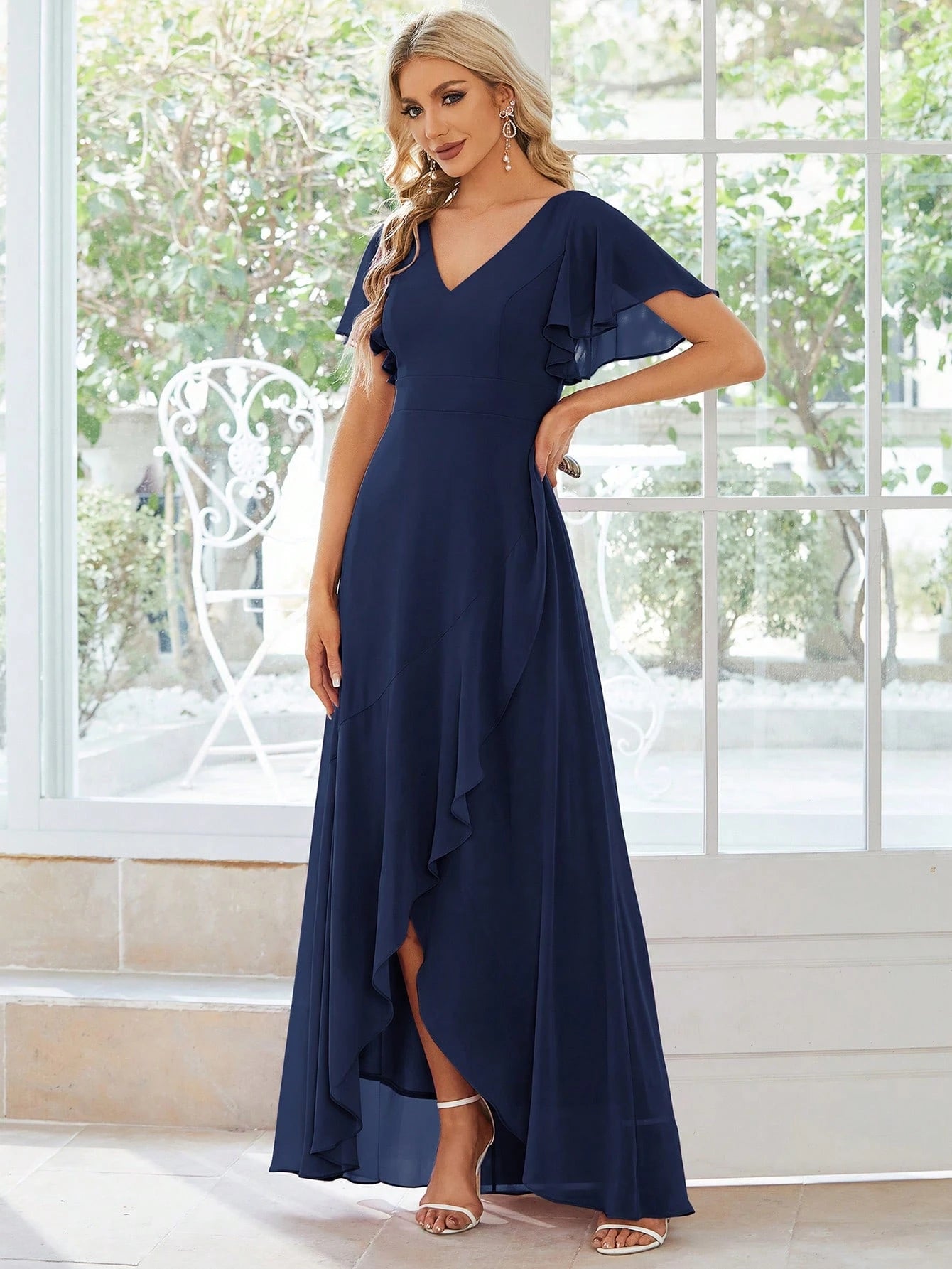Butterfly Sleeve Ruffle Trim Wrap Hem Chiffon Bridesmaid Dress Elegant Dress - image 9