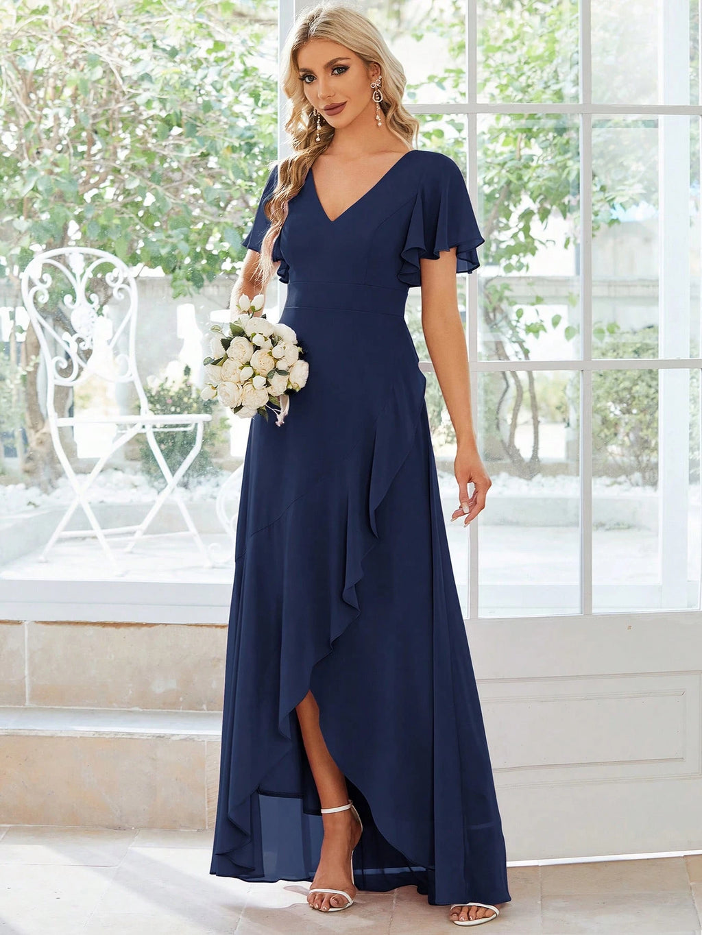 Butterfly Sleeve Ruffle Trim Wrap Hem Chiffon Bridesmaid Dress Elegant Dress - image 10