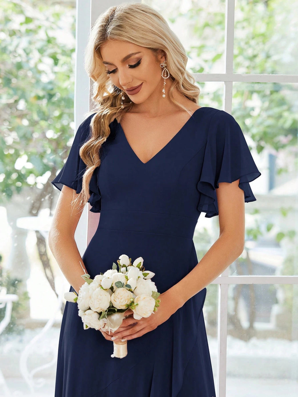 Butterfly Sleeve Ruffle Trim Wrap Hem Chiffon Bridesmaid Dress Elegant Dress - image 11