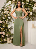 Belle Elegant Chic Sexy Minimalist Solid Color Pleated Hollow-Out Backless High Slit Hem Bustier Bust