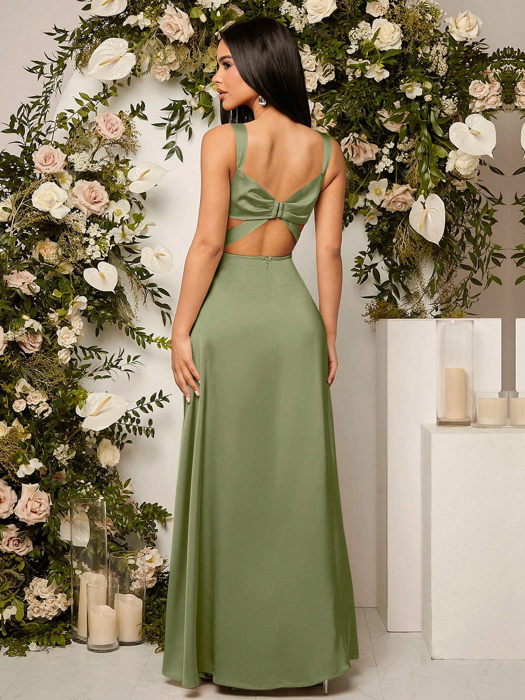 Belle Elegant Chic Sexy Minimalist Solid Color Pleated Hollow-Out Backless High Slit Hem Bustier Bust - image 2