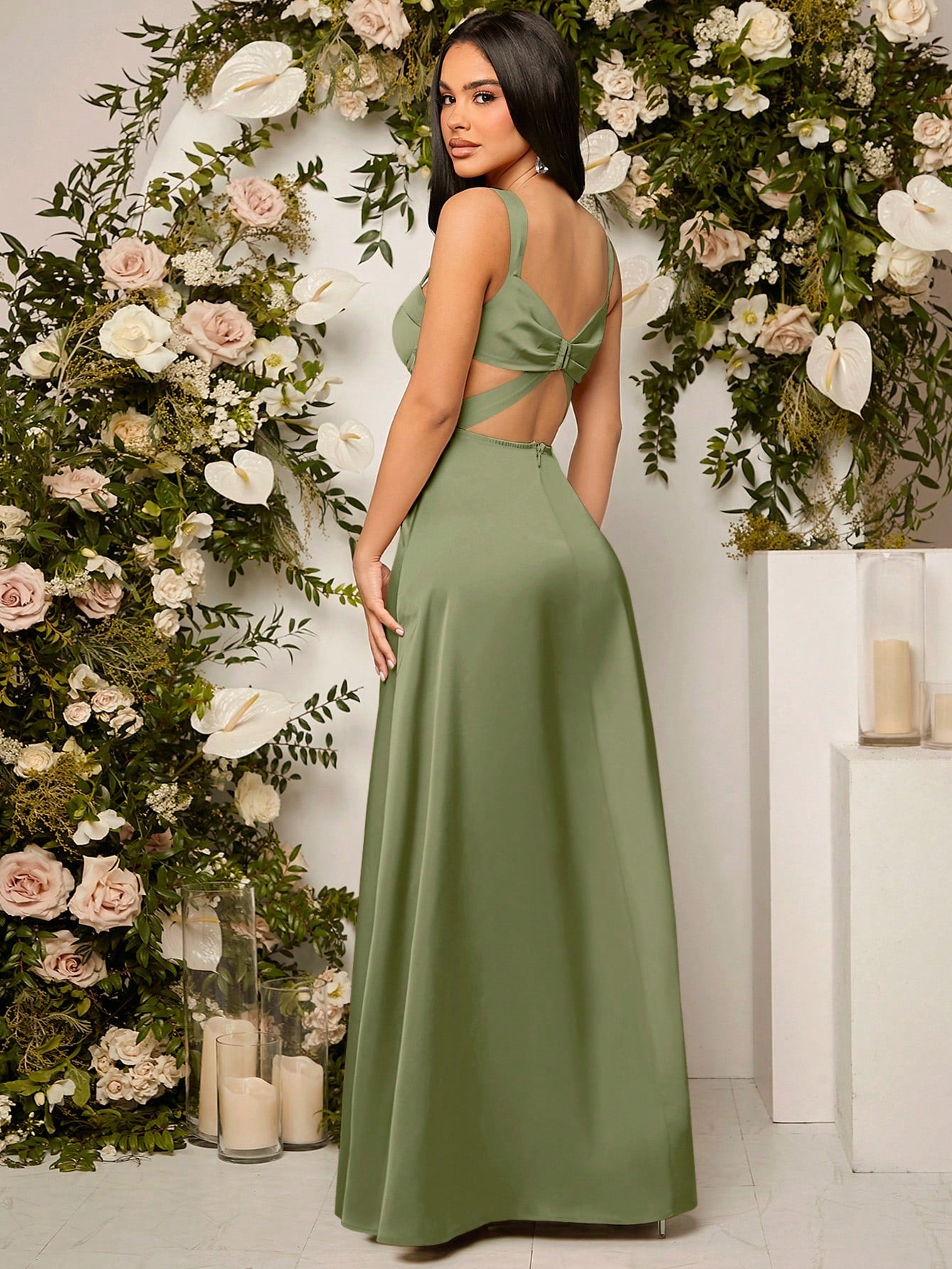 Belle Elegant Chic Sexy Minimalist Solid Color Pleated Hollow-Out Backless High Slit Hem Bustier Bust - image 5