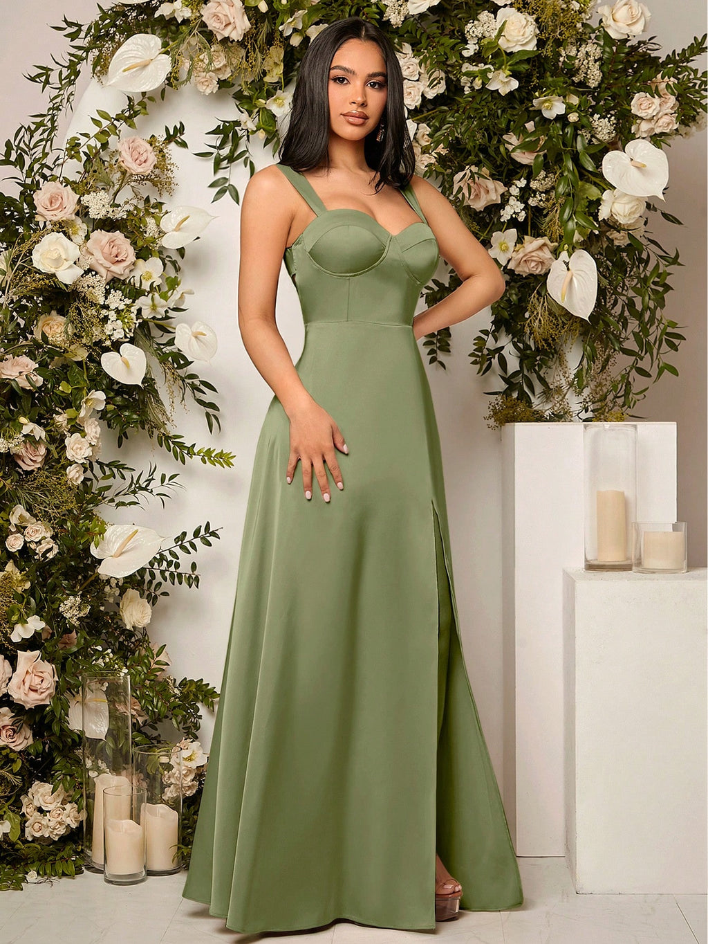 Belle Elegant Chic Sexy Minimalist Solid Color Pleated Hollow-Out Backless High Slit Hem Bustier Bust - image 7