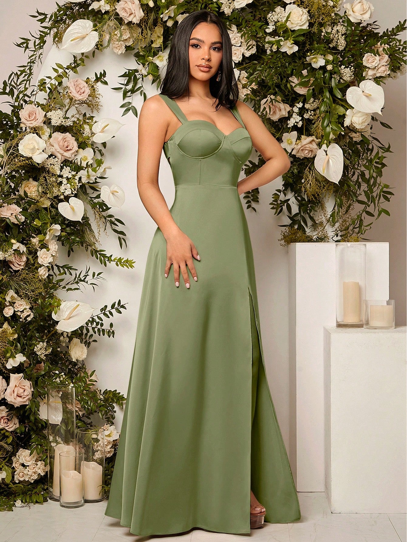Belle Elegant Chic Sexy Minimalist Solid Color Pleated Hollow-Out Backless High Slit Hem Bustier Bust - image 7