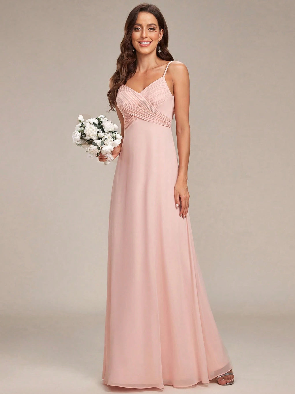 EVERPRETTY Spring Chiffon Spaghetti Strap Backless Pleated Pink Bridesmaid Dress, Elegant Wedding Guest Dress - image 3