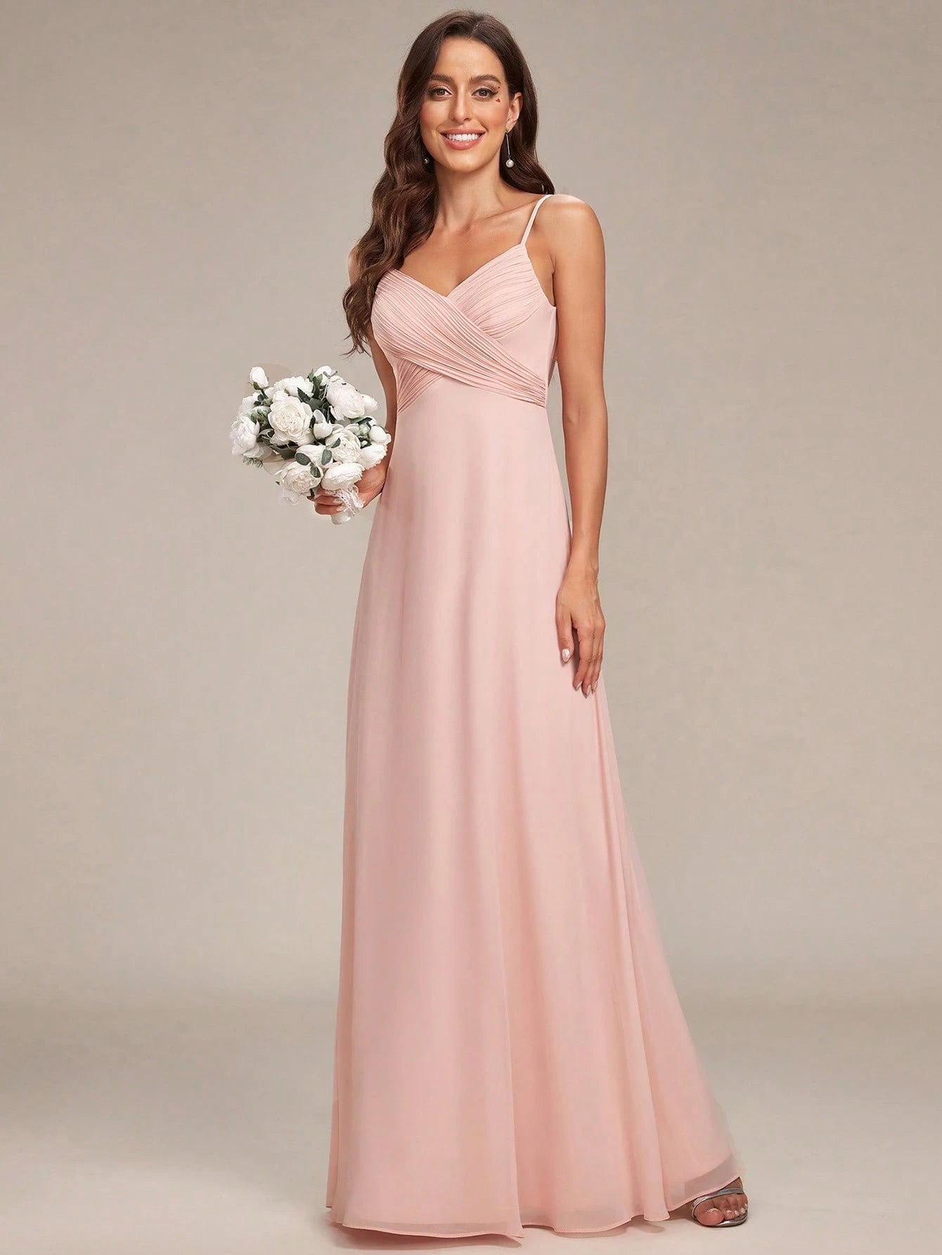 EVERPRETTY Spring Chiffon Spaghetti Strap Backless Pleated Pink Bridesmaid Dress, Elegant Wedding Guest Dress - image 3