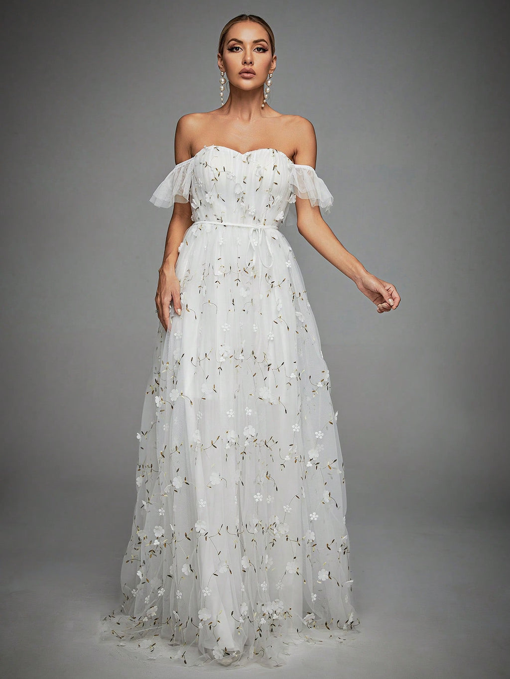 Elegant Romance Light Blue Off Shoulder 3D Floral Embroidery Maxi Gown With Thin For Women Summer Wedding,