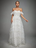 Elegant Romance Light Blue Off Shoulder 3D Floral Embroidery Maxi Gown With Thin For Women Summer Wedding,