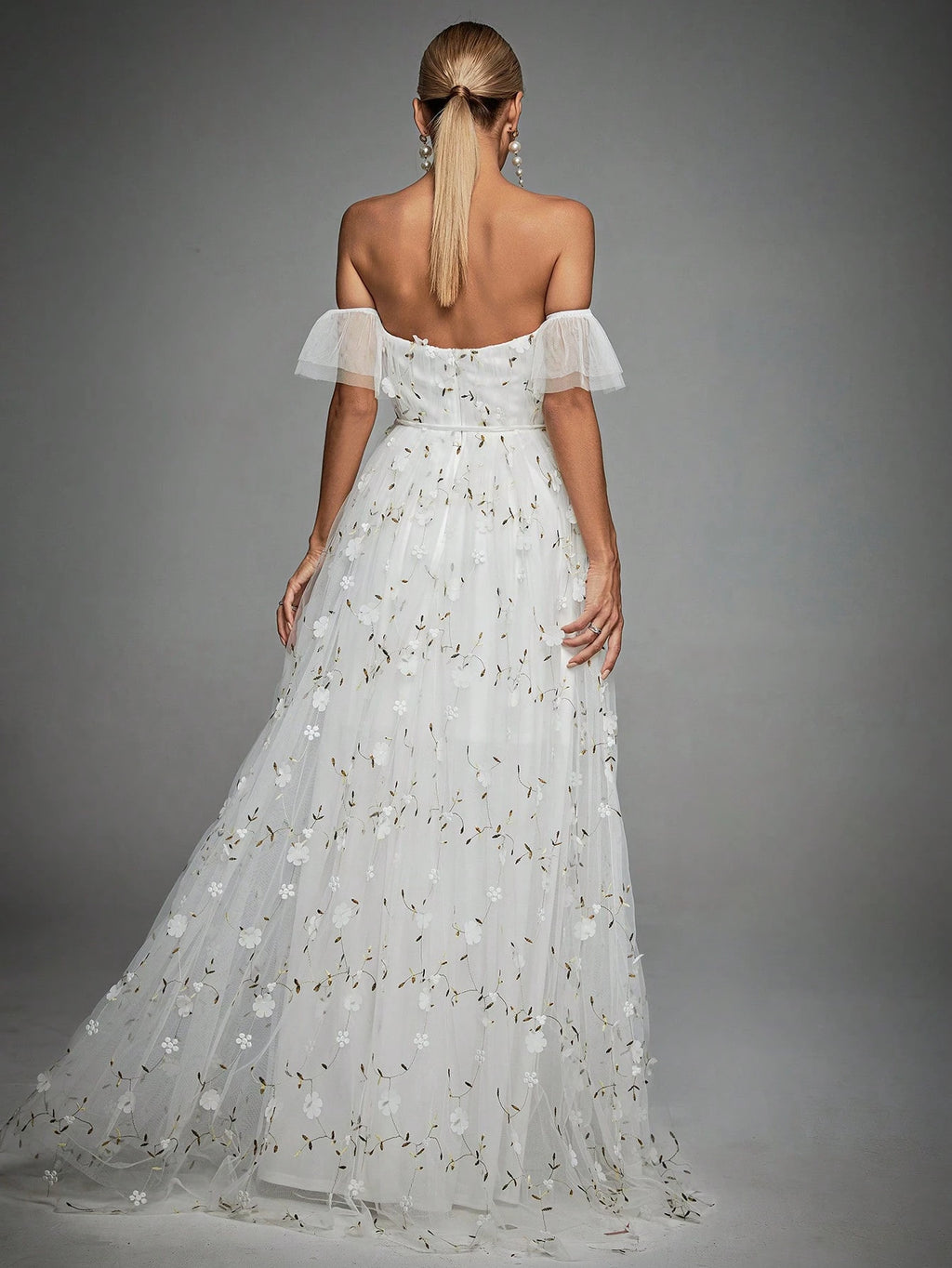 Elegant Romance Light Blue Off Shoulder 3D Floral Embroidery Maxi Gown With Thin For Women Summer Wedding, - image 2