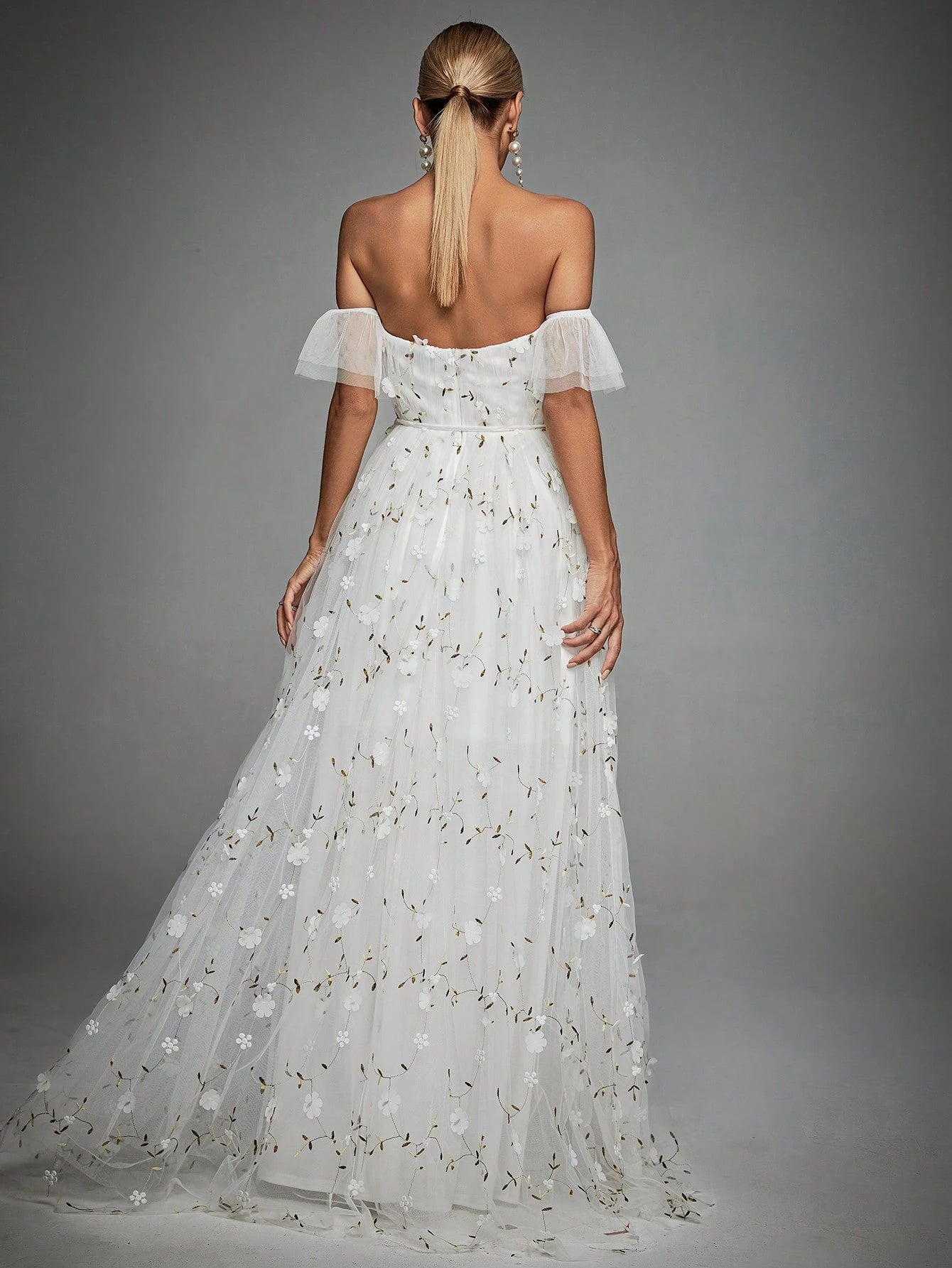 Elegant Romance Light Blue Off Shoulder 3D Floral Embroidery Maxi Gown With Thin For Women Summer Wedding, - image 2