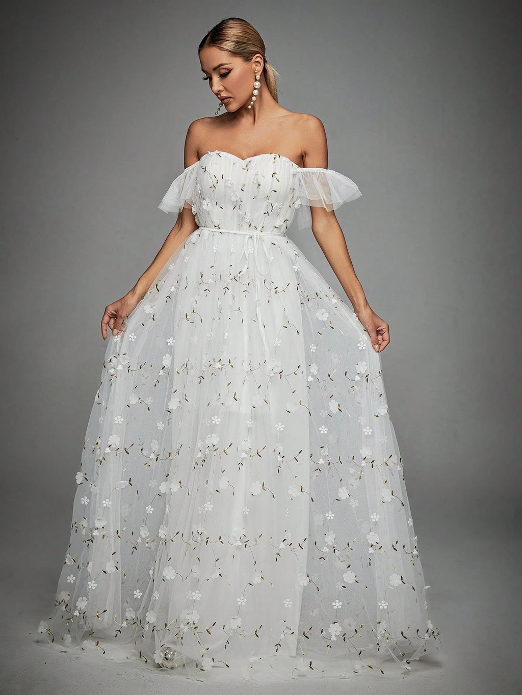 Elegant Romance Light Blue Off Shoulder 3D Floral Embroidery Maxi Gown With Thin For Women Summer Wedding, - image 3