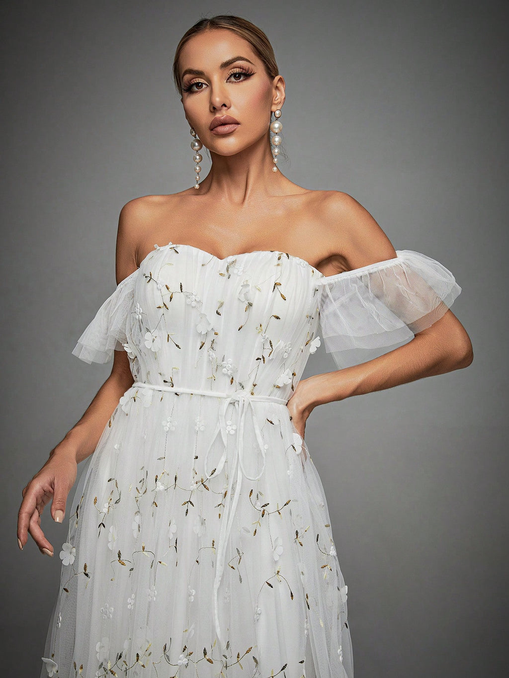 Elegant Romance Light Blue Off Shoulder 3D Floral Embroidery Maxi Gown With Thin For Women Summer Wedding, - image 4