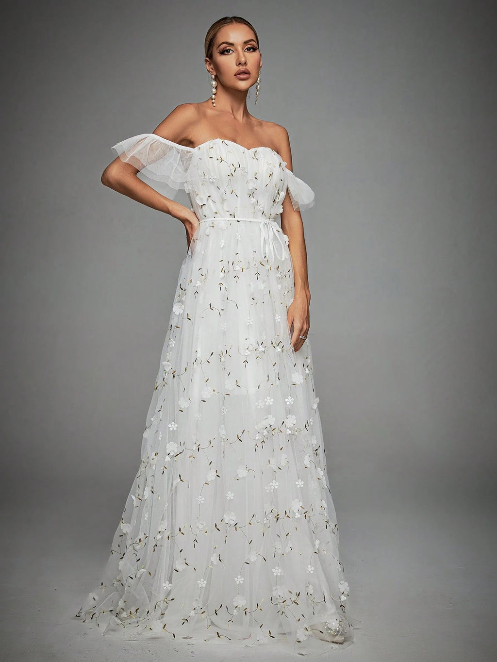 Elegant Romance Light Blue Off Shoulder 3D Floral Embroidery Maxi Gown With Thin For Women Summer Wedding, - image 5