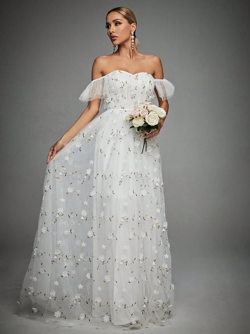 Elegant Romance Light Blue Off Shoulder 3D Floral Embroidery Maxi Gown With Thin For Women Summer Wedding, - image 6
