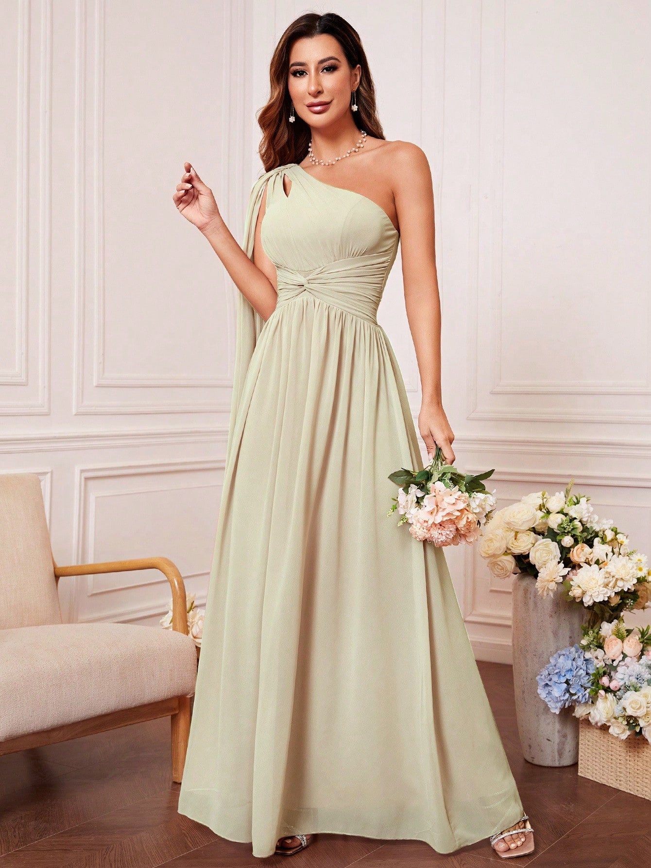 One Shoulder Cut Out Twist Front Bridesmaid Dress, Bride Dress, Birthday Women Outfits, Graduation Dress,