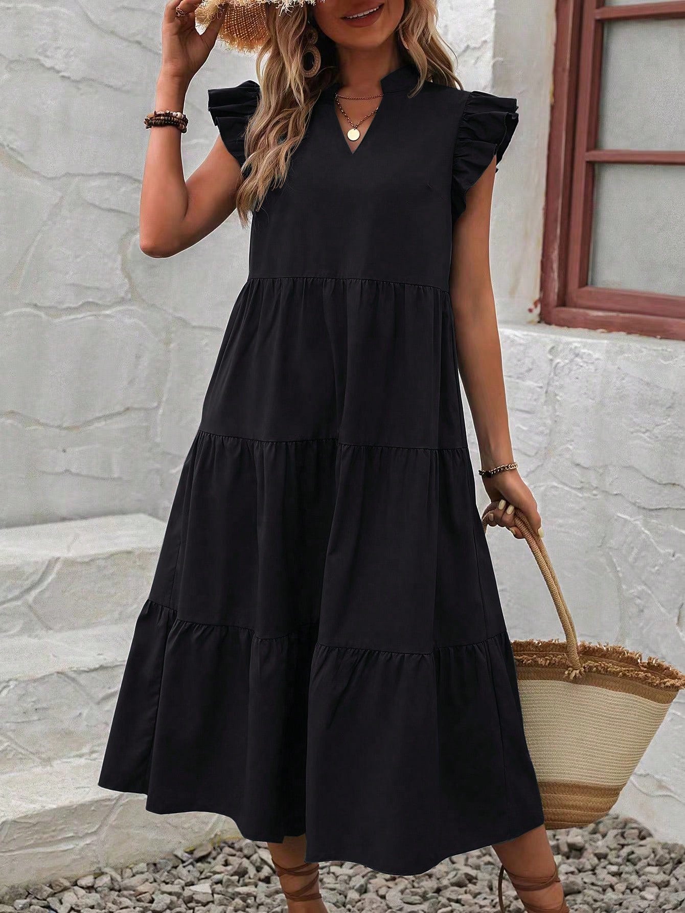 EMERY ROSE Notched Neckline Ruffle Trim Smock Dress Maxi Vacation
