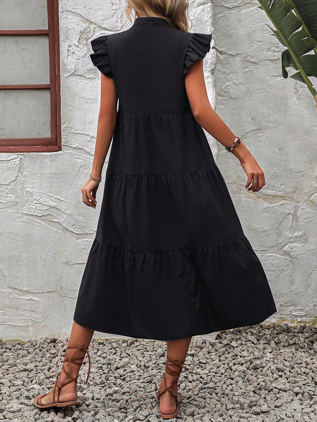 EMERY ROSE Notched Neckline Ruffle Trim Smock Dress Maxi Vacation